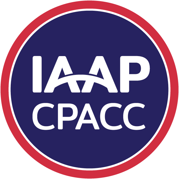 IAAP CPACC program badge. Blue circle with white letters: IAAP CPACC. Thin red exterior circle.